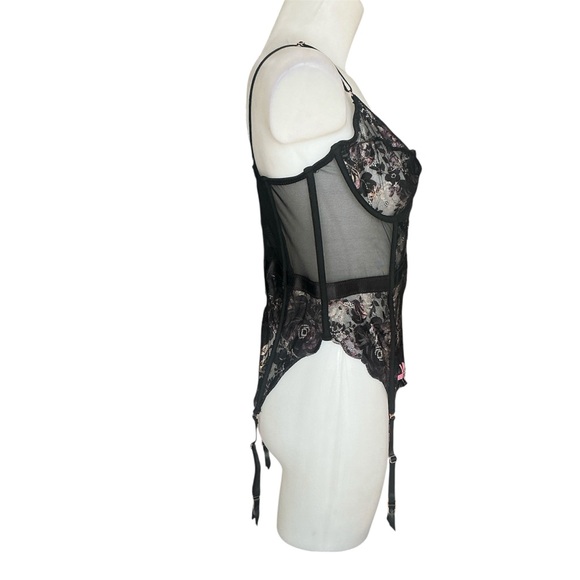 Coquette Black Lacey Zip Up Corset with Attached Garters Lace Up Back XL - Picture 7 of 16